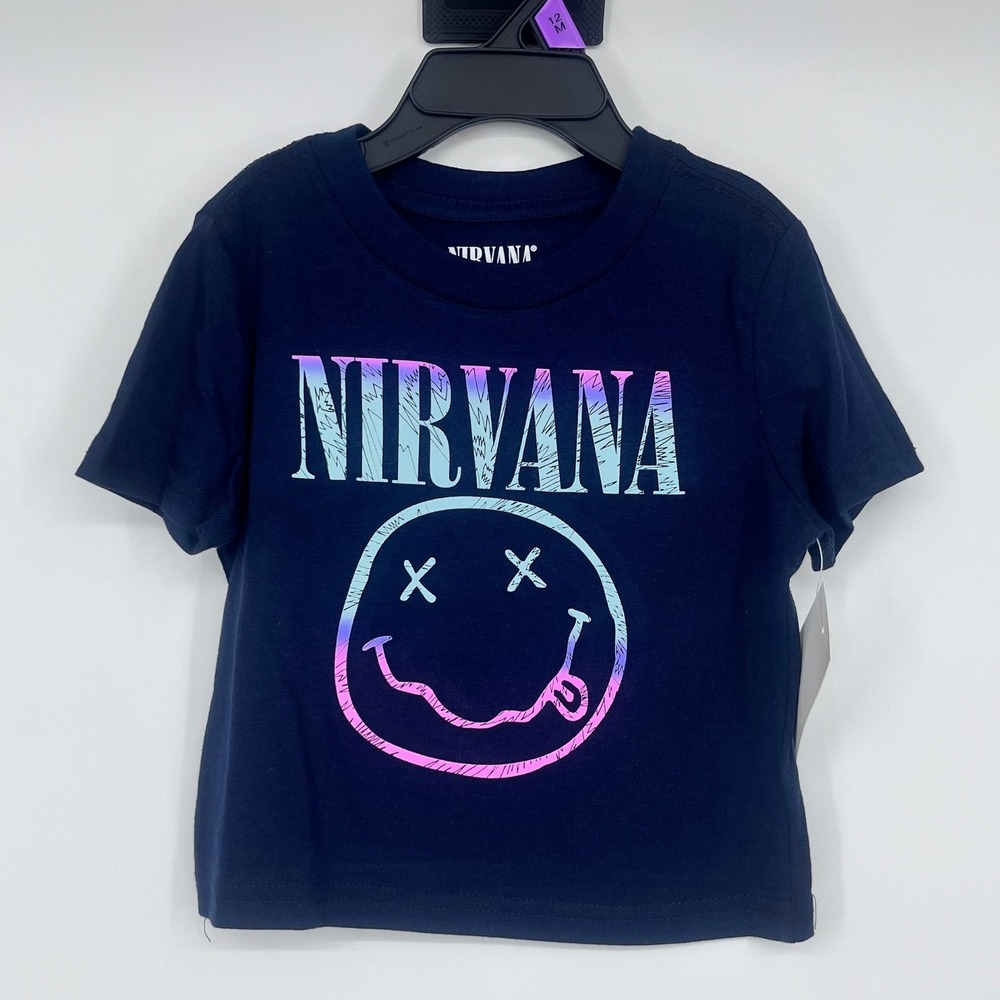 Nirvana Graphic T-Shirt Kids 12M Navy Blue Smiley Face 1993 Tour Date Print
